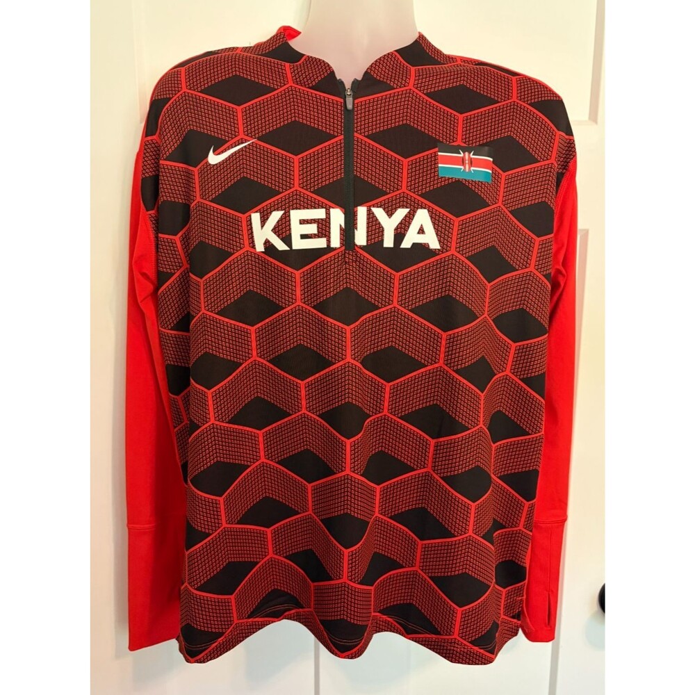 NIKE Mens Kenya Running Shirt 1/4 Zip Long Sleeve Red Black Dri-Fit Size XL